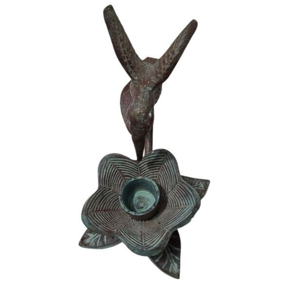 Bronze Hummingbird & Flower Sculpture Candle Holder Bird Floral Leaves Verdigris - Picture 5 of 14